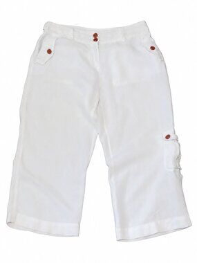 SIZE 6 white linen pants, pockets distressed buttons lightweight wide leg capris